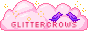 88x31 button featuring two crows on the phrase 'glittercrows', in front of a sparkling pink cloud
